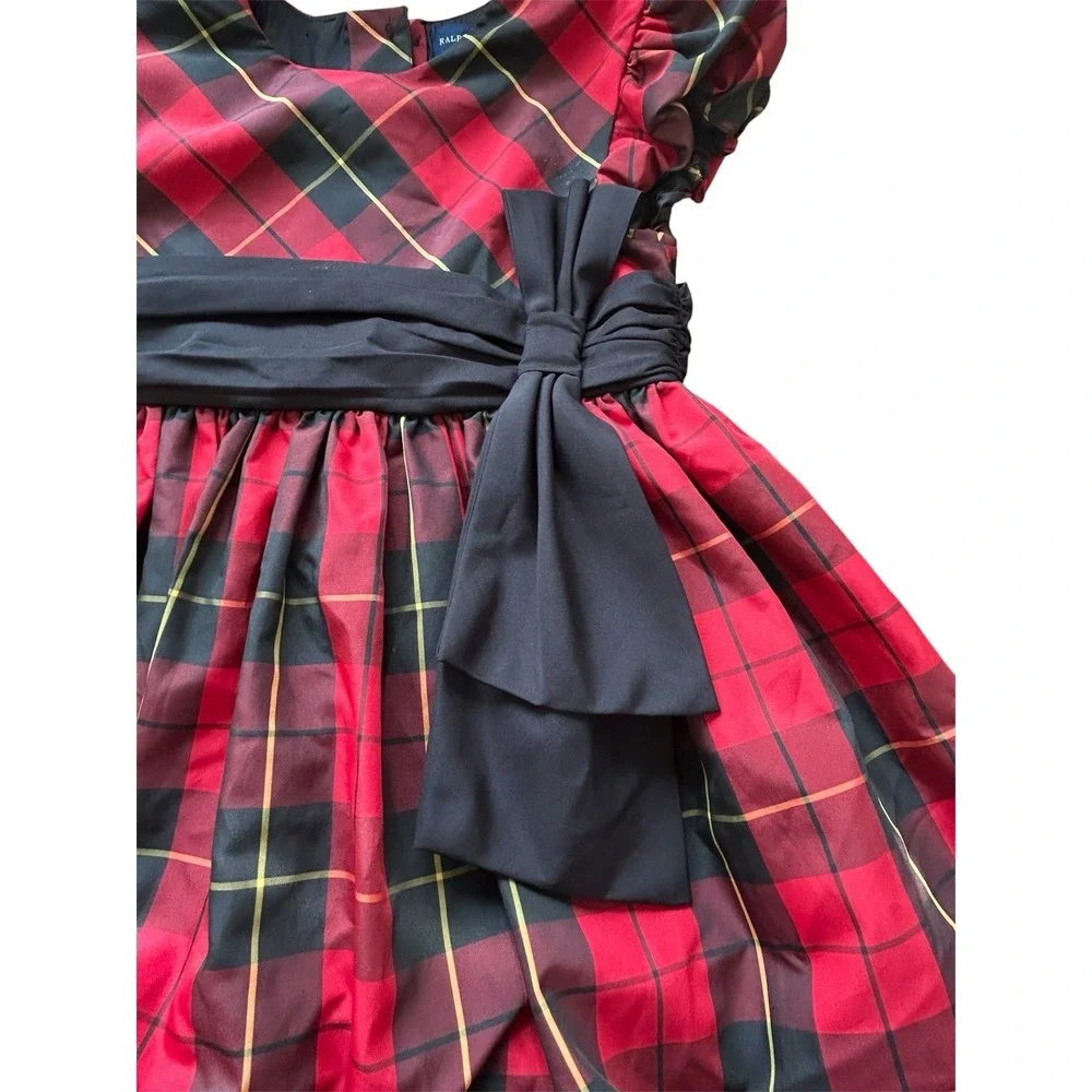 Ralph Lauren Girls Red Black Plaid Party Dress Size 6 Puff Sleeve Bow